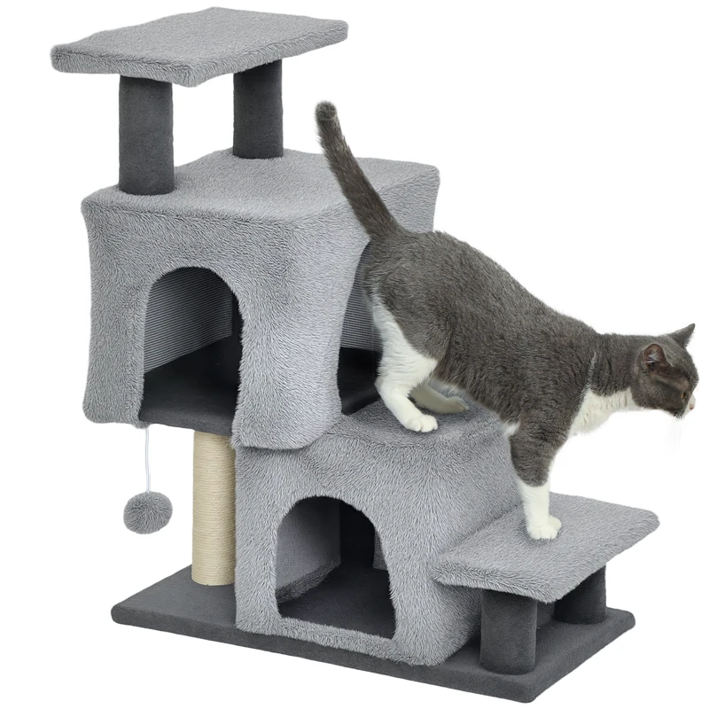 PawHut Escalera para Gatos 4 Peldaños Ajustable con 2 Casitas y Poste Rascador, Gris