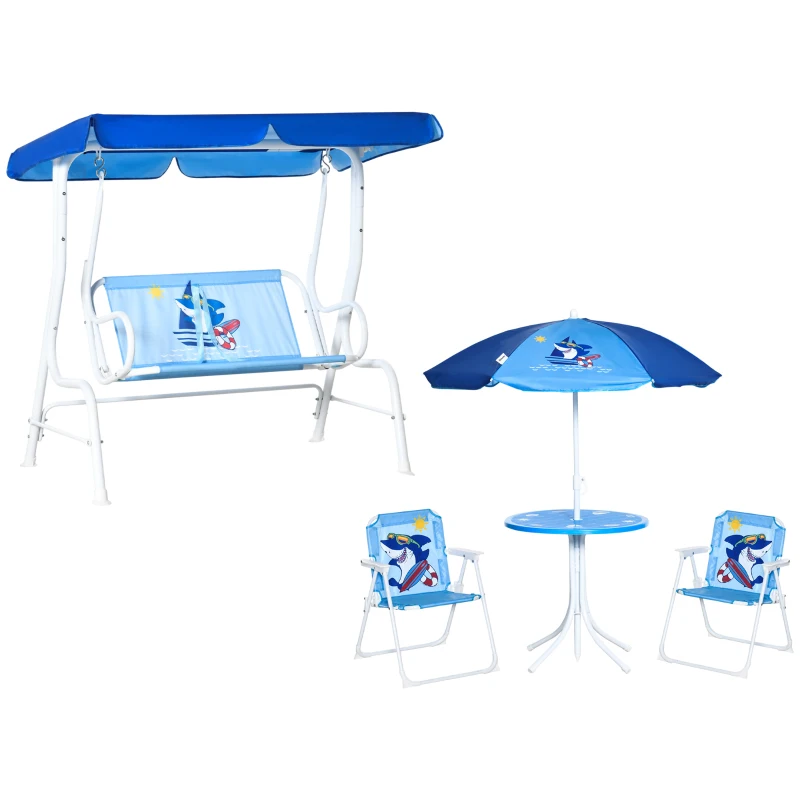 Outsunny 4-teiliges Gartenmöbel-Set für Kinder, mit Hai-Motiv, 1 Hollywoodschaukel, 2 Stühle, 1 Sonnenschirm mit Tisch, Blau