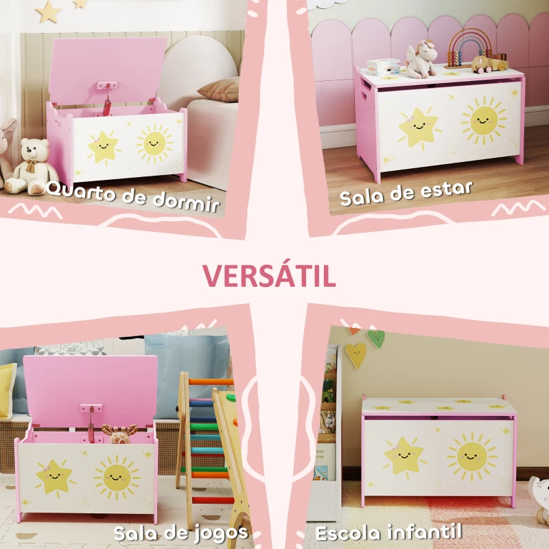 AIYAPLAY Baú Brinquedos Infantil 53 L Caixa de Arrumação Brinquedos com Tampa Rebatível e Pistão a Gás 60x37x39 cm Rosa