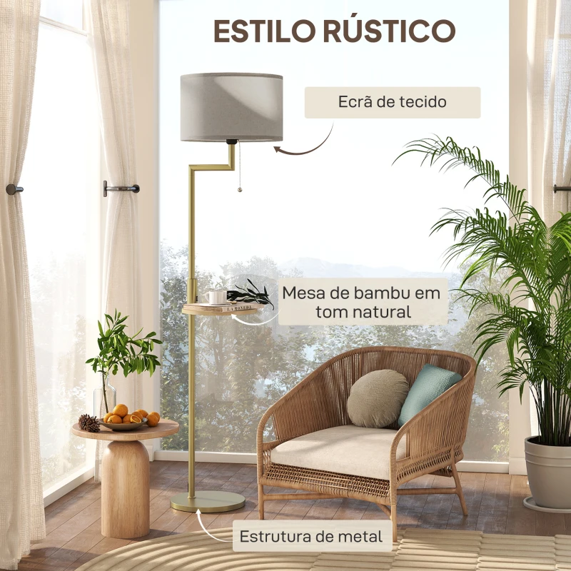 HOMCOM Candeeiro de Pé com Mesa Auxiliar Lâmpada E27 Máx. 40W Ecrã de Linho Interruptor de Corrente e Carregador USB Ø40x170 cm Dourado