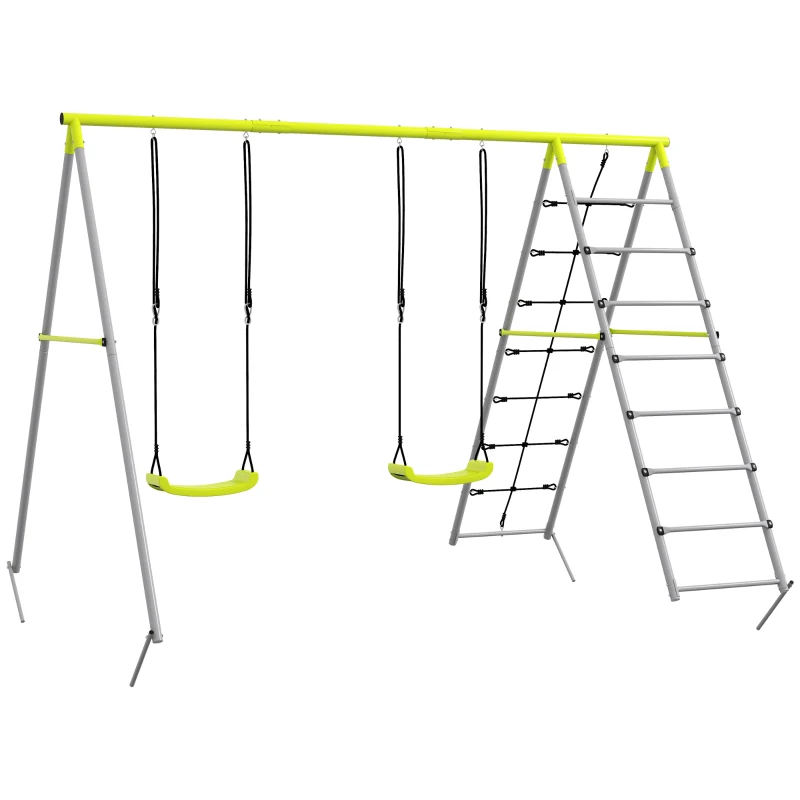 Outsunny Four-In-One Metal Garden Swing Set, with Two Swings, Climber, Climbing Net - Green