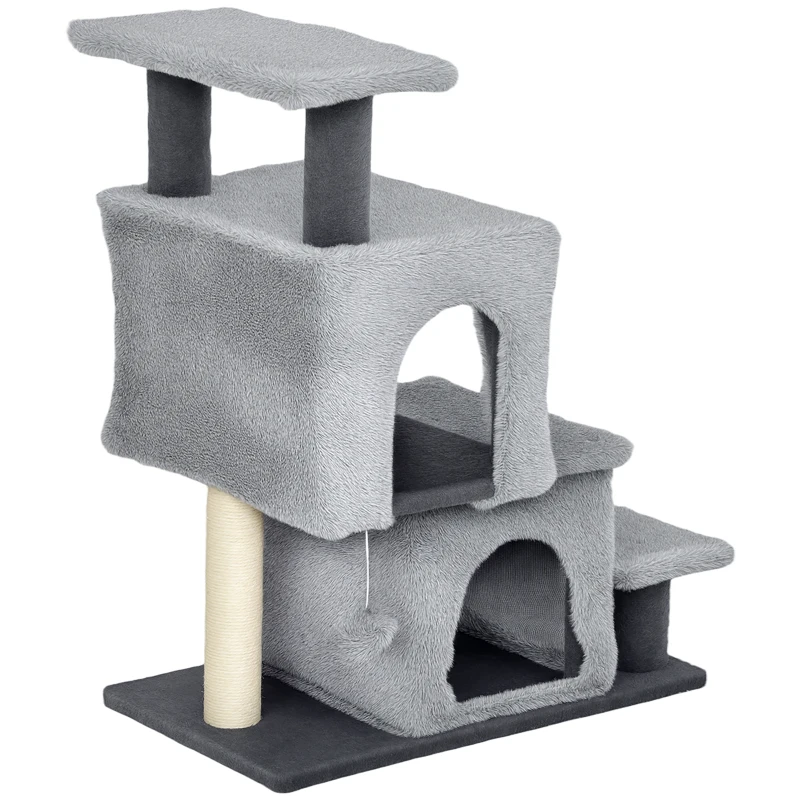 PawHut Échelle pour chat 4 marches réglable avec 2 niches et griffoir — Gris