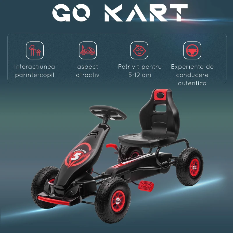 Homcom Go Kart Pedale Copii – Reglabil cu Roti Gonflabile