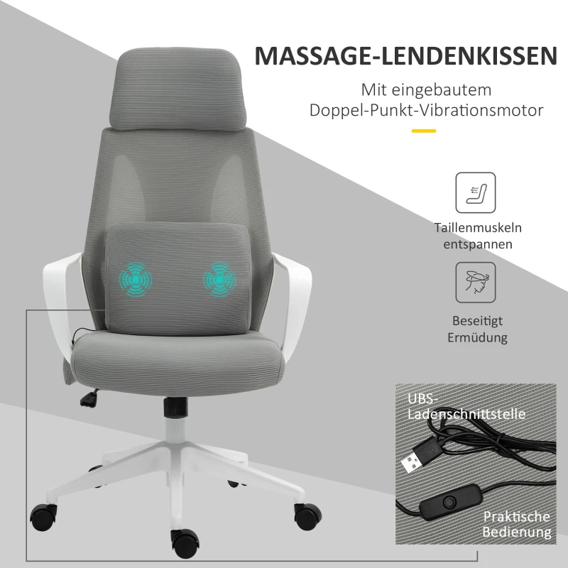 Vinsetto bureaustoel, in hoogte verstelbare draaistoel, massagestoel, ergonomische directiestoel met massagefunctie, gamingstoel, nylon, grijs, 62 x 60 x 114-122 cm