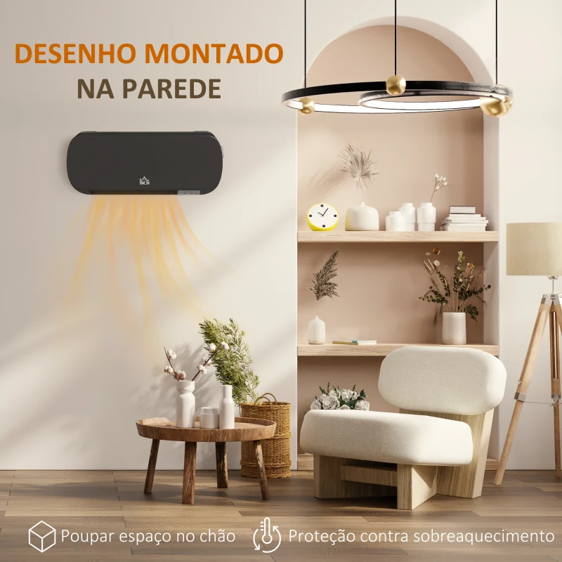 HOMCOM Aquecedor Cerâmico de Parede 1000W/2000W com Controle Remoto 3 Modos de Aquecimento Temporizador de 12h Termostato e Proteção contra Superaquecimento 45x18,6x11,5 cm Preto