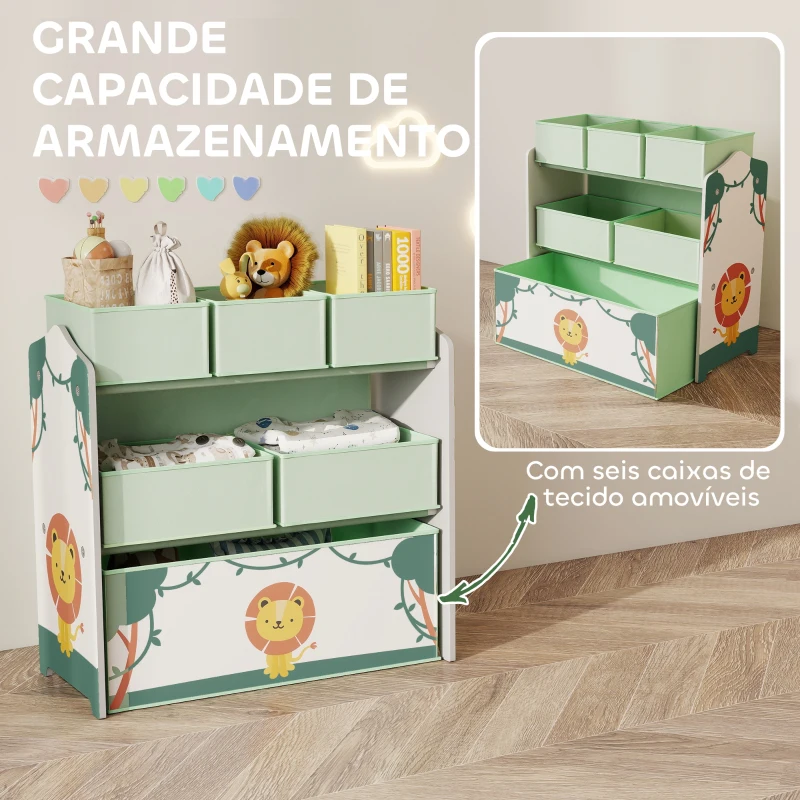 AIYAPLAY Estante Infantil para Brinquedos com 6 Caixas em Tecido Não Tecido Organizador de Brinquedos de 3 Níveis 63x30x66 cm Verde