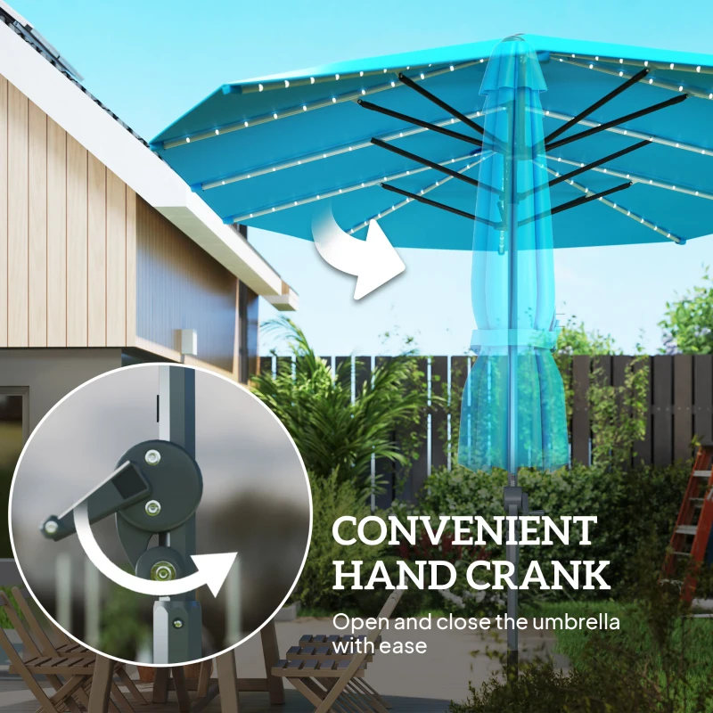 Outsunny Dubbele Parasol met Zonne-energie Verlichting, Aluminium, Polyester, UPF50+ Bescherming, UV-bestendig, Terrasparasol, Blauw(m-7)