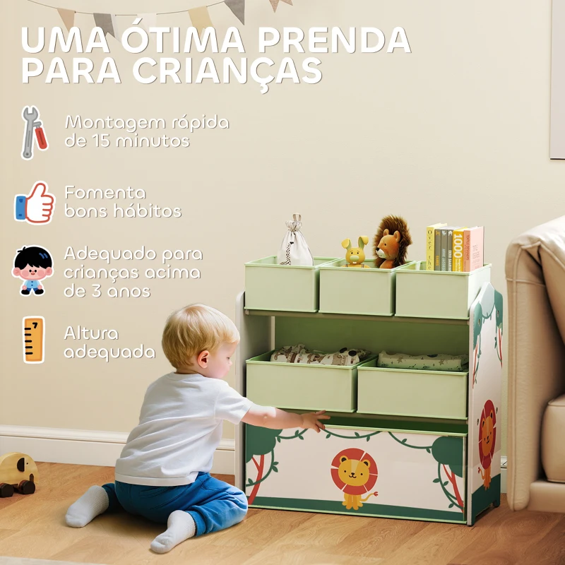 AIYAPLAY Estante Infantil para Brinquedos com 6 Caixas em Tecido Não Tecido Organizador de Brinquedos de 3 Níveis 63x30x66 cm Verde