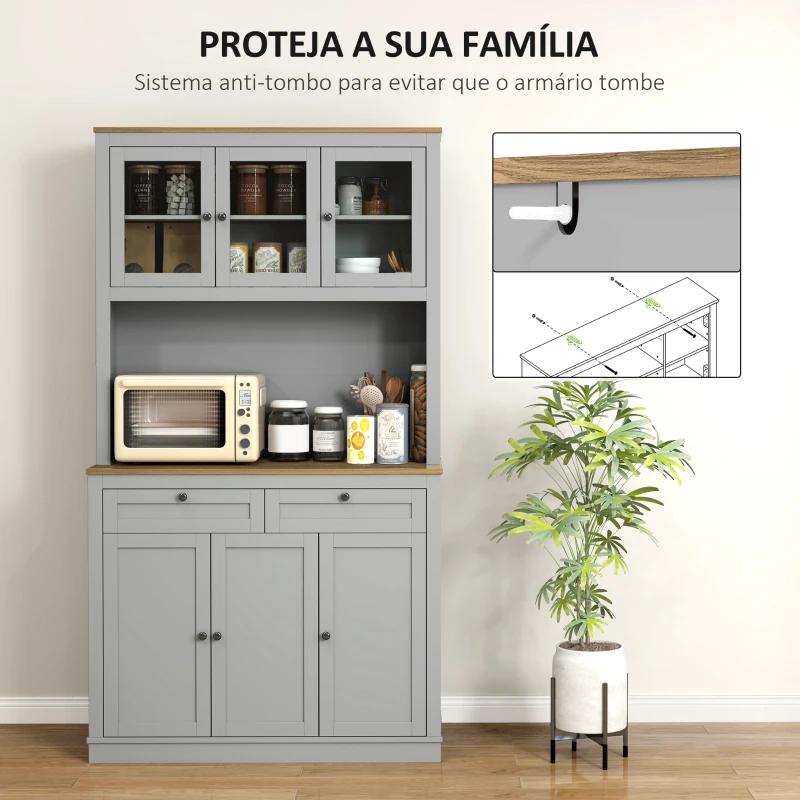 HOMCOM Armário de Cozinha com 3 Portas de Vidro Compartimento Aberto 2 Gavetas e Prateleiras Ajustáveis 100x40x180 cm Cinzento