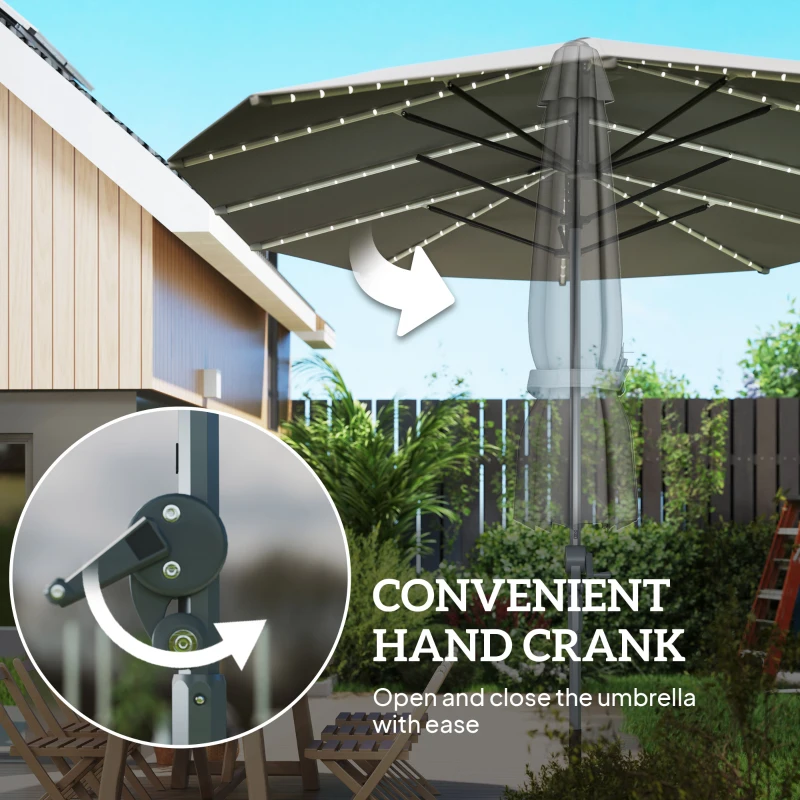Outsunny Dubbele Parasol met Zonne-energie Verlichting, Aluminium, Polyester, UPF50+ Bescherming, UV-bestendig, Terras Parasol, Donkergrijs(m-7)