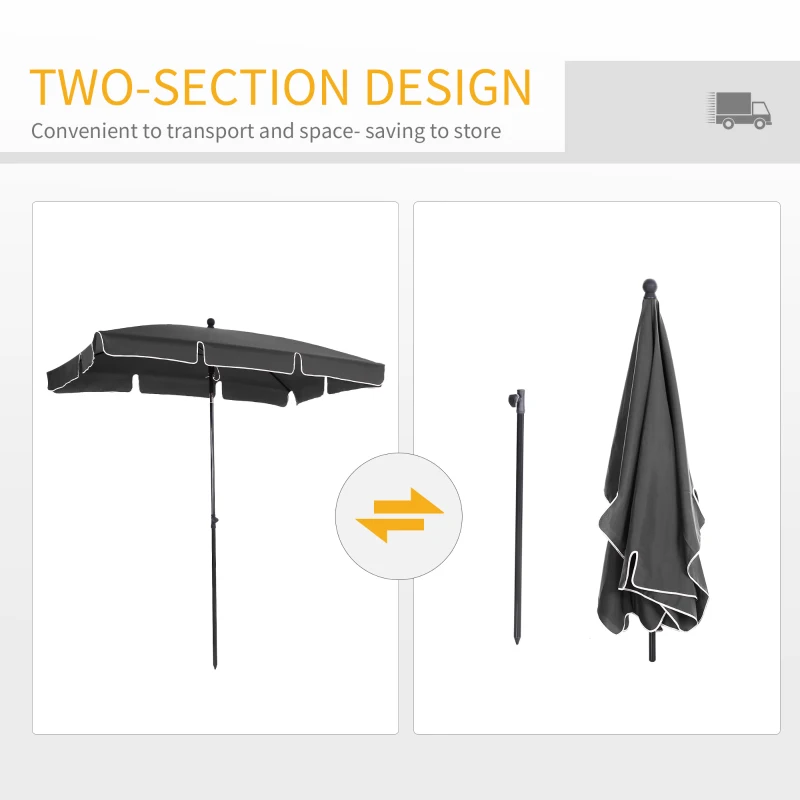 Outsunny Garden Parasol Umbrella - Outdoor Market Table Umbrella with Ruffles & Aluminium Pole, Rectangular Tilting Parasol Sun Shade Canopy, 2 x 1.3m, Grey