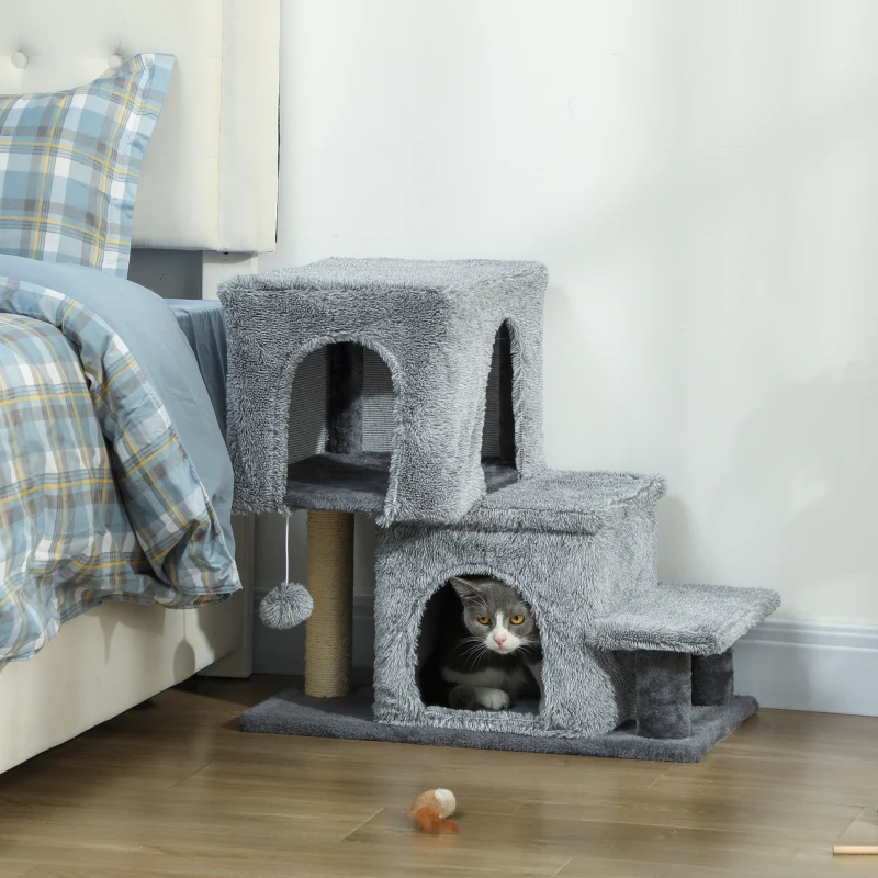 PawHut Échelle pour chat 4 marches réglable avec 2 niches et griffoir — Gris