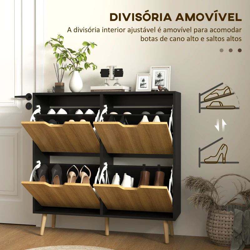 HOMCOM Sapateira para 16 Pares de Sapatos com 4 Gavetas e Prateleiras Ajustáveis 95x26x95 cm Madeira e Preto