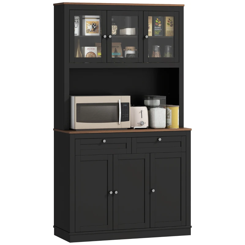 HOMCOM Buffet haut cuisine, armoire de cuisine, 6 portes, 2 tiroirs, plan de travail, étagères réglables, 100x40x180cm, noir(m-10)
