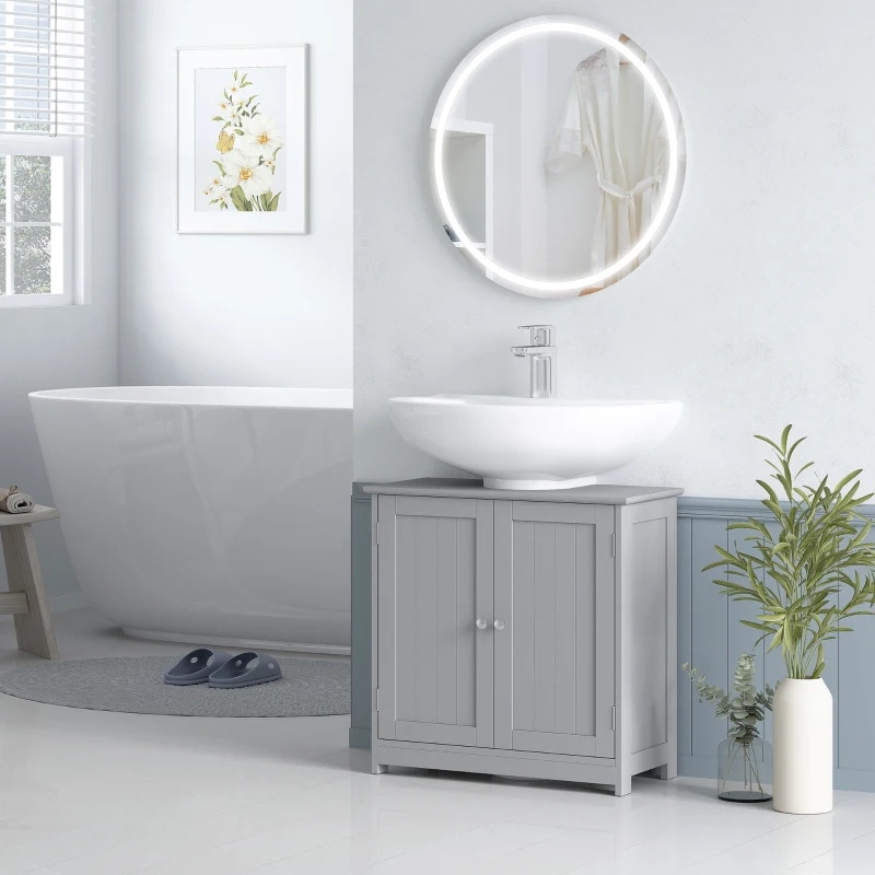 kleankin 60x60cm Under-Sink Storage Cabinet w/ Adjustable Shelf Handles Drain Hole Bathroom Cabinet Space Saver Organizer Grey