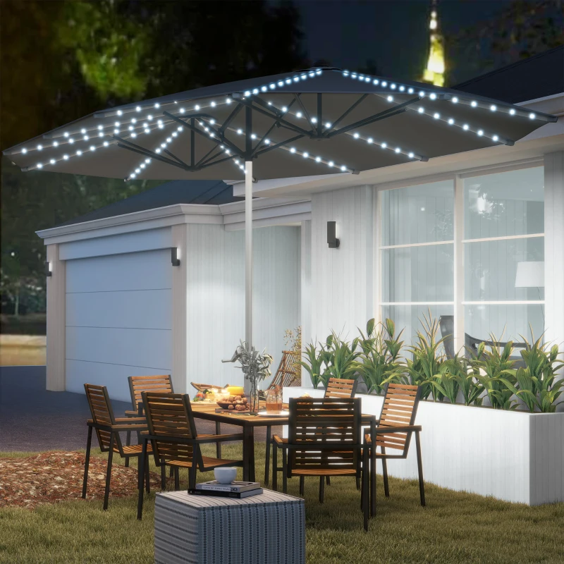 Outsunny Dubbele Parasol met Zonne-energie Verlichting, Aluminium, Polyester, UPF50+ Bescherming, UV-bestendig, Terras Parasol, Donkergrijs(m-2)