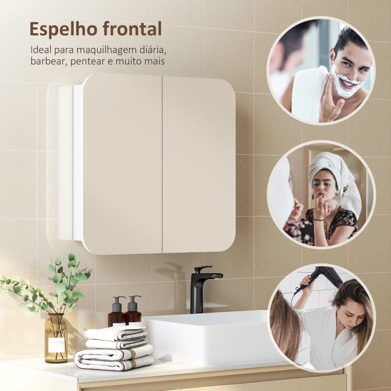 HOMCOM Armário de Casa de Banho com Espelho Design com Bordas Curvas com Prateleiras Ajustáveis 68x13x66 cm Branco