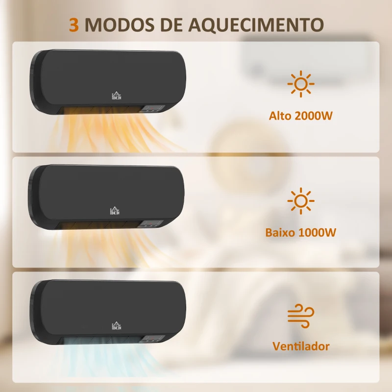 HOMCOM Aquecedor Cerâmico de Parede 1000W/2000W com Controle Remoto 3 Modos de Aquecimento Temporizador de 12h Termostato e Proteção contra Superaquecimento 45x18,6x11,5 cm Preto