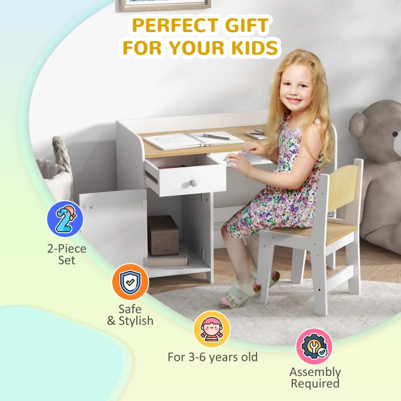 ZONEKIZ Kids Desk and Chair Set for 3-6 Years with Storage Drawer, Study Table and Chair for Children - White