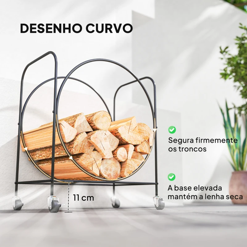 Outsunny Suporte Metálico para Lenha com Rodas para Interior e Exterior 51x30x60 cm Preto