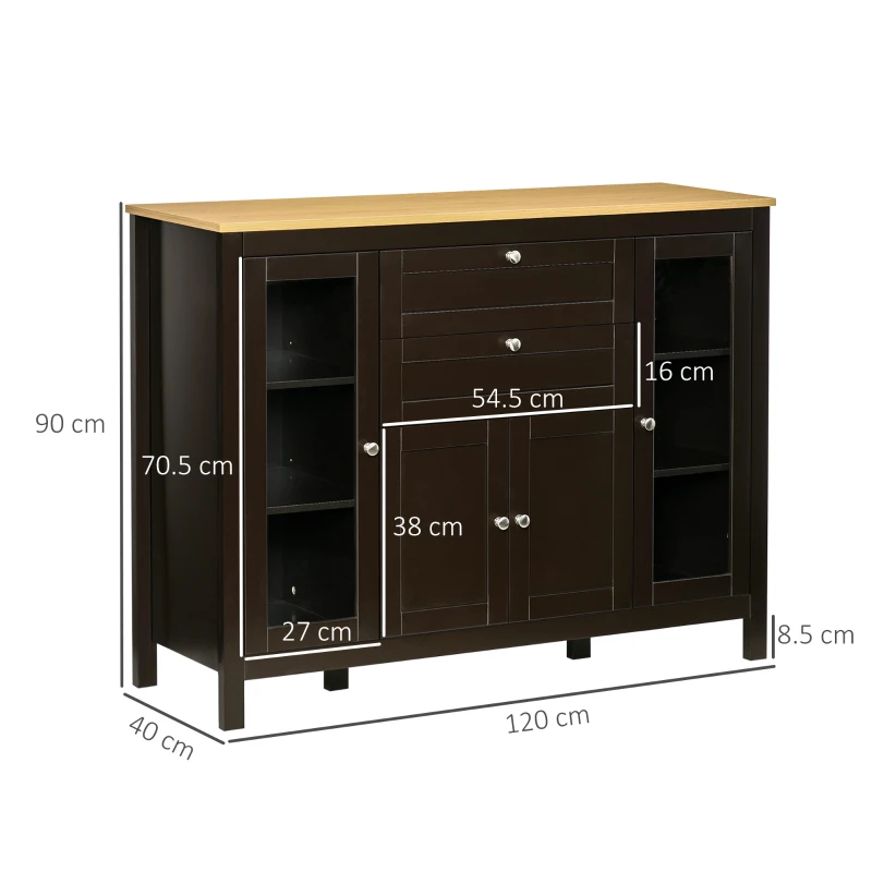 HOMCOM Sideboard Buffet Cabinet — 3 Cabinets, 2 Drawers, Glass Doors, 120x40x90cm Black