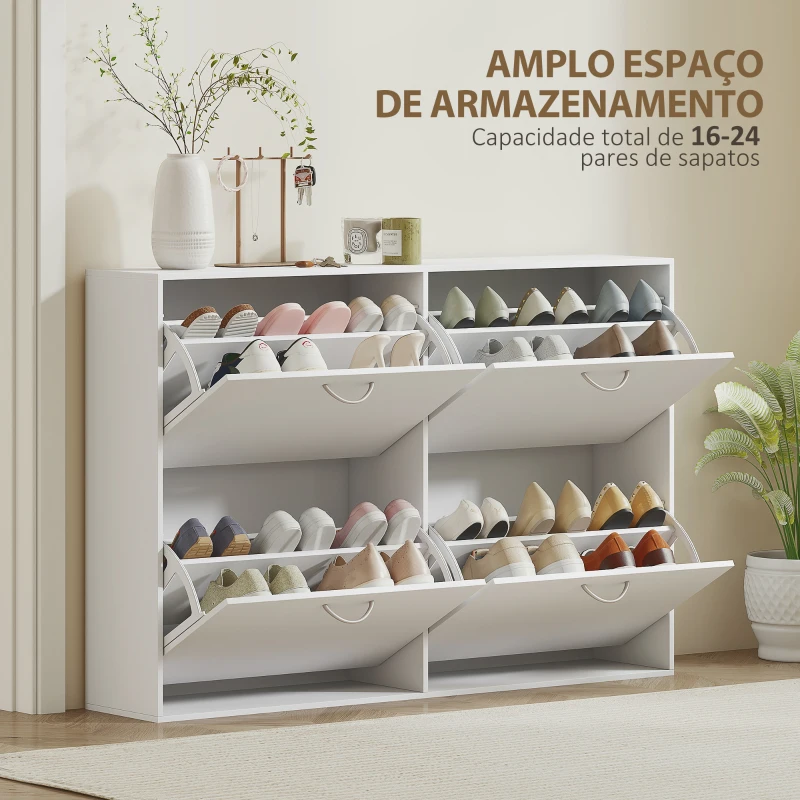 HOMCOM Sapateira Moderna com 4 Gavetas Abatíveis e Prateleiras Ajustáveis para 16-24 Pares de Sapatos 120x24x81 cm Branco