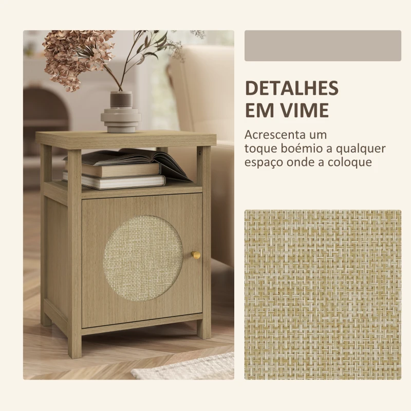 HOMCOM Mesa de Cabeceira com Porta de Vime Prateleira Aberta e Compartimento 40x35x55 cm Madeira