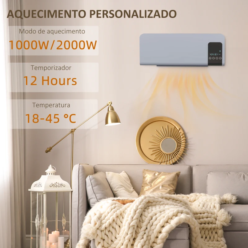 HOMCOM Aquecedor Elétrico de Parede 1000W/2000W com Ecrã LED Controlo Remoto Termostato Temporizador para Áreas de 15-20 m² 54,5x12x21,5 cm Cinzento