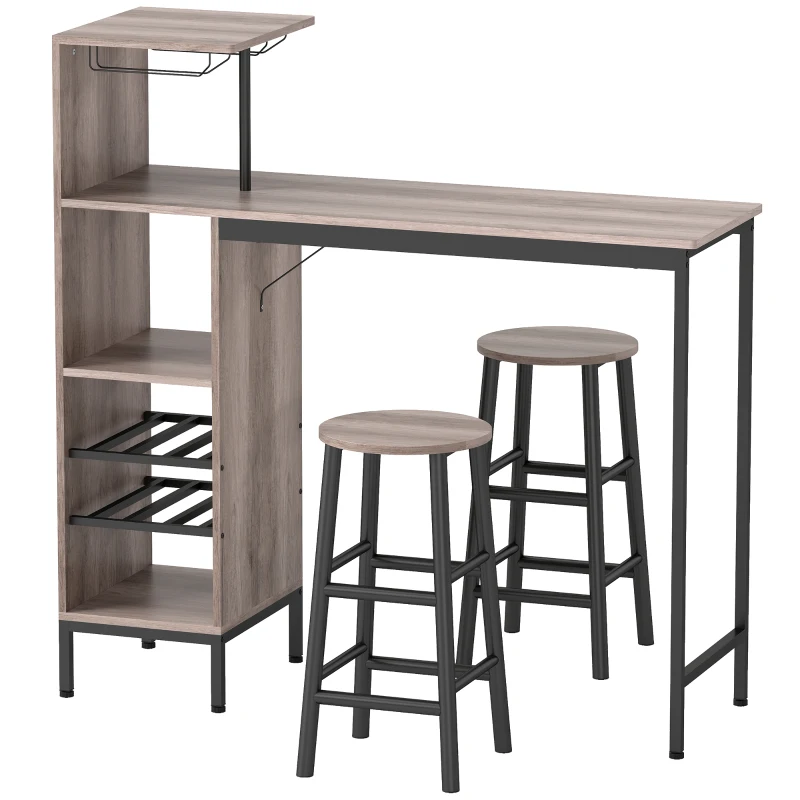 HOMCOM 3-tlg. Bartisch-Set mit Stauraum, Weinregalen, Glashaltern, Hockern mit Fußstütze, für kleine Räume, Grau