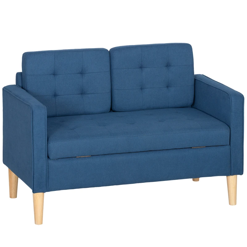 HOMCOM Zweisitzer-Sofa mit Stauraum, Knopfheftung, Kissen, Kautschukbaumholz, 117x62x78cm, Blau