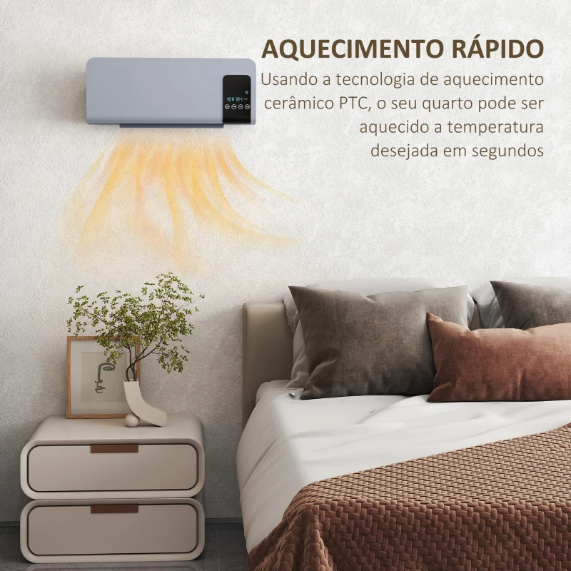 HOMCOM Aquecedor Elétrico de Parede 1000W/2000W com Ecrã LED Controlo Remoto Termostato Temporizador para Áreas de 15-20 m² 54,5x12x21,5 cm Cinzento