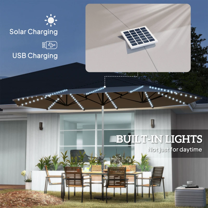 Outsunny Dubbele Parasol met Zonne-energie Verlichting, Aluminium, Polyester, UPF50+ Bescherming, UV-bestendig, Terras Parasol, Donkergrijs(m-5)