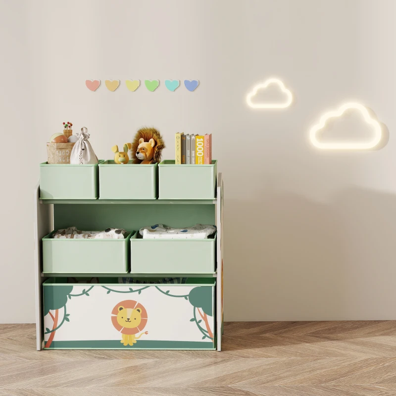 AIYAPLAY Estante Infantil para Brinquedos com 6 Caixas em Tecido Não Tecido Organizador de Brinquedos de 3 Níveis 63x30x66 cm Verde