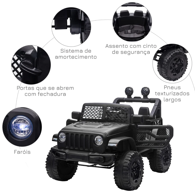 HOMCOM Carro Elétrico para Crianças com Bateria de 12V 2 Motores Controlo Remoto 2,4G Faróis Buzina Velocidade Ajustável 100x65x72 cm Preto