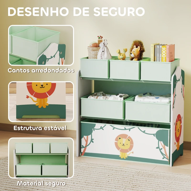 AIYAPLAY Estante Infantil para Brinquedos com 6 Caixas em Tecido Não Tecido Organizador de Brinquedos de 3 Níveis 63x30x66 cm Verde