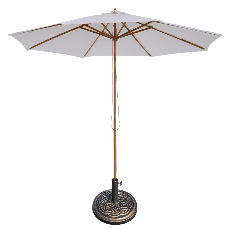 Outsunny 3 m Garden Parasol with Base, Pulley Operated Patio Umbrella, Wooden Parasol, Table Market Umbrella with Rope Pulley Mechanism and 8 Ribs, White