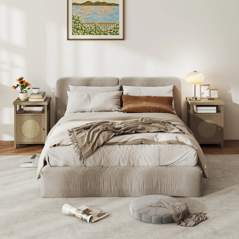 HOMCOM Mesa de Cabeceira com Porta de Vime Prateleira Aberta e Compartimento 40x35x55 cm Madeira