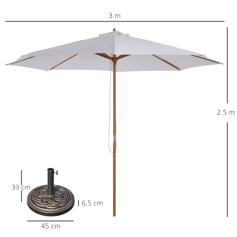 Outsunny 3 m Garden Parasol with Base, Pulley Operated Patio Umbrella, Wooden Parasol, Table Market Umbrella with Rope Pulley Mechanism and 8 Ribs, White