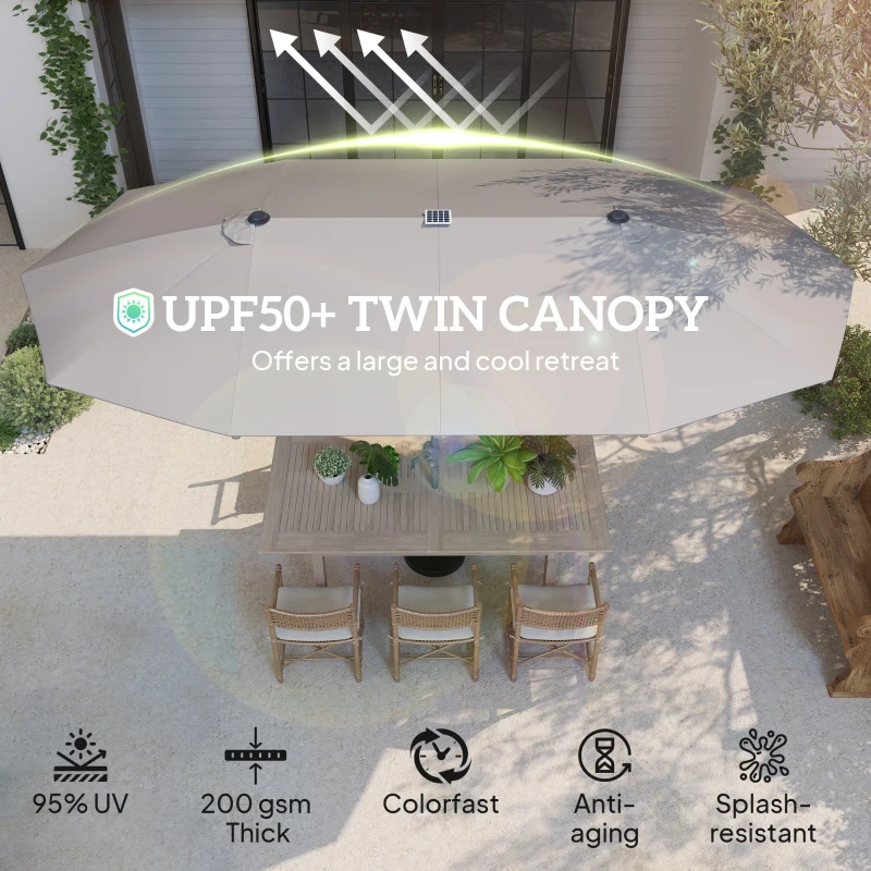 Outsunny Dubbele Parasol met Zonne-energie Verlichting, Aluminium, Polyester, UPF50+ Bescherming, UV-bestendig, Terras Parasol, Donkergrijs(m-4)