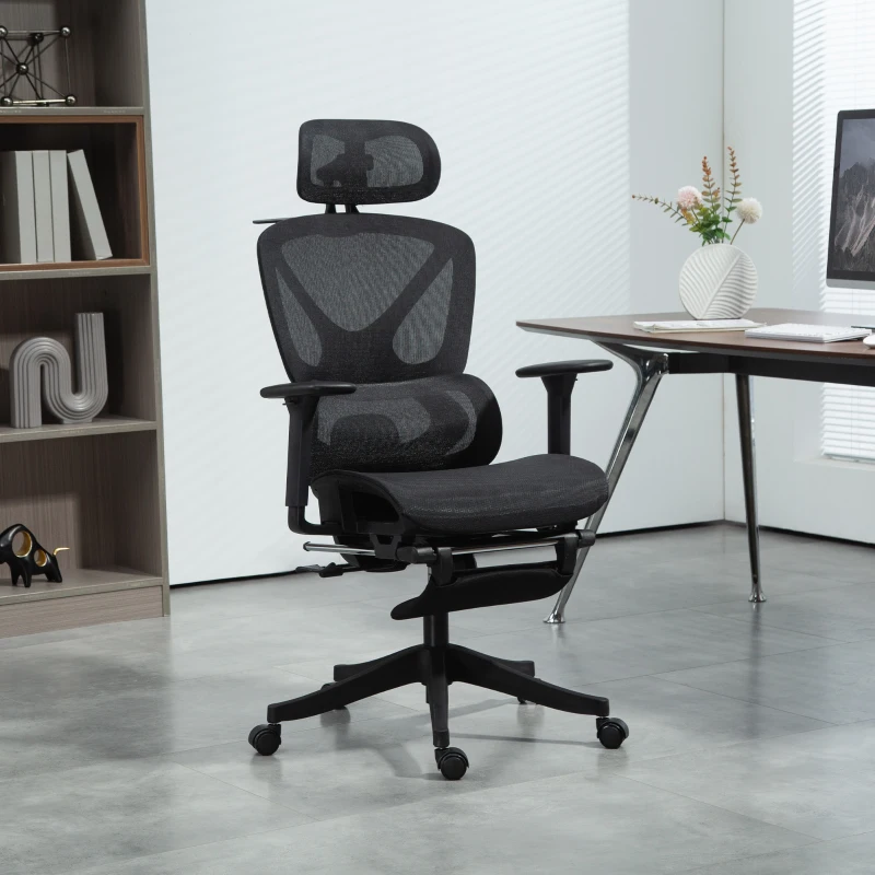 HOMCOM Bureaustoel, Ergonomisch Draaibaar, 135 Graden Kantelbaar, Verstelbaar, Zwart