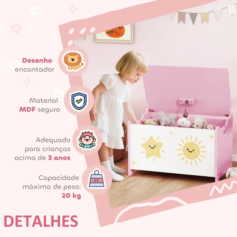 AIYAPLAY Baú Brinquedos Infantil 53 L Caixa de Arrumação Brinquedos com Tampa Rebatível e Pistão a Gás 60x37x39 cm Rosa
