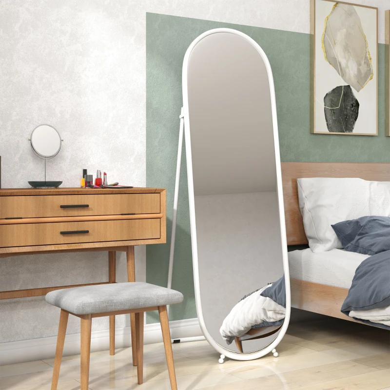 HOMCOM Espelho de Pé Oval 160x40 cm Espelho de Corpo Inteiro com Moldura Metálica Suporte e 2 Formas de Utilização Branco