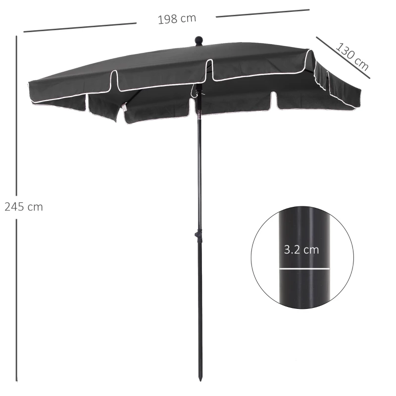 Outsunny Garden Parasol Umbrella - Outdoor Market Table Umbrella with Ruffles & Aluminium Pole, Rectangular Tilting Parasol Sun Shade Canopy, 2 x 1.3m, Grey