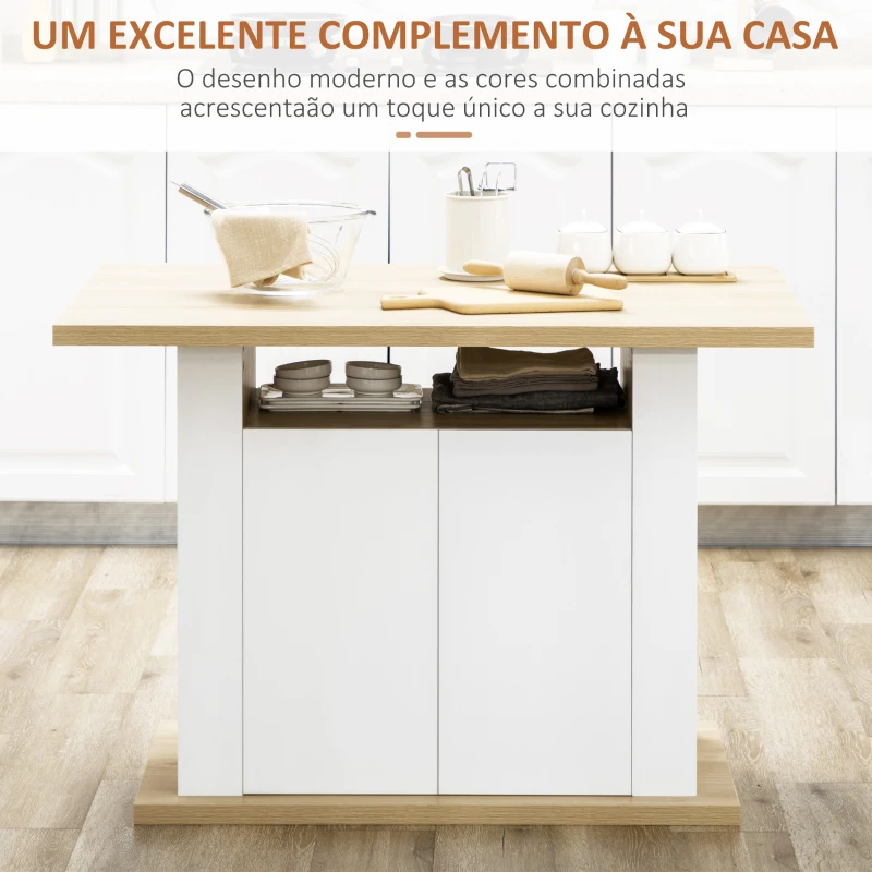 HOMCOM Ilha de Cozinha para 4-6 Pessoas Móvel de Cozinha com 4 Portas Compartimentos Abertos 110x70x75,5 cm Carvalho e Branco