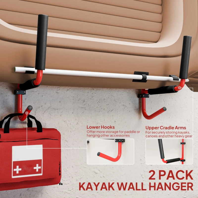 Outsunny Ganci Supporto da Parete per Canoa/Kayak/Pagaia, in Alluminio e PVC, Leggero e Pieghevole, Fino 50 Kg, Rosso