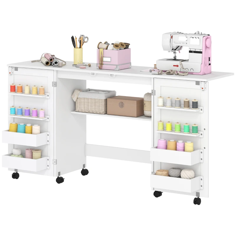 HOMCOM Table de couture pliante, meuble couture à roulettes, 2 portes magnétiques, 4 bacs, 20 crochets, 160x40x81,5cm, blanc