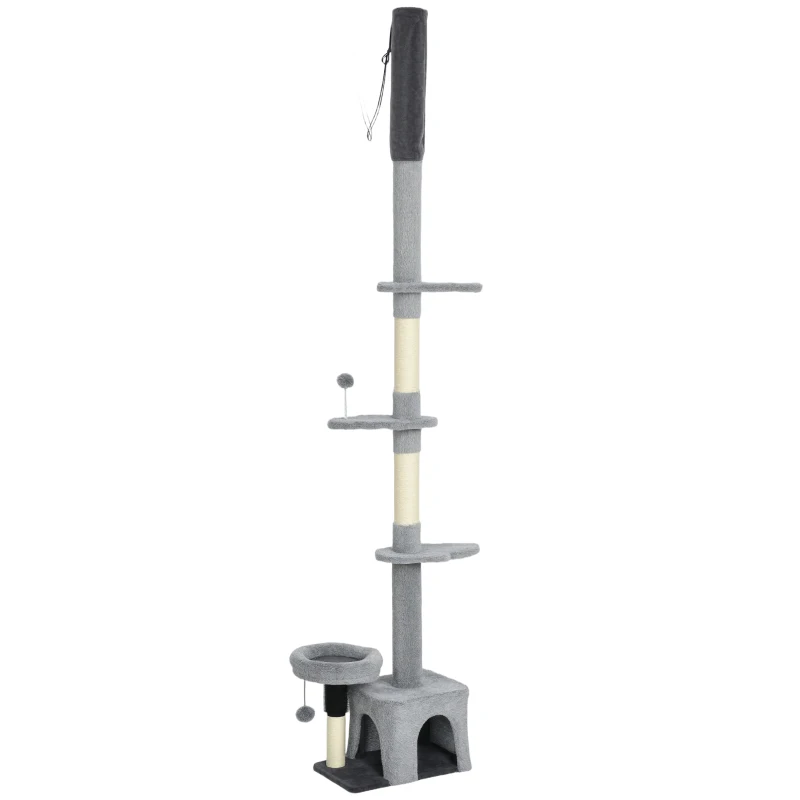 PawHut Árbol rascador suelo-techo ajustable 225-255 cm, torre multiescalonada en felpa, gris