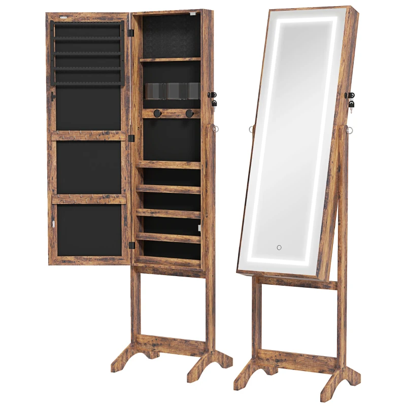 HOMCOM Specchio portagioie con LED, inclinabile, con serratura e 2 chiavi, Marrone rustico