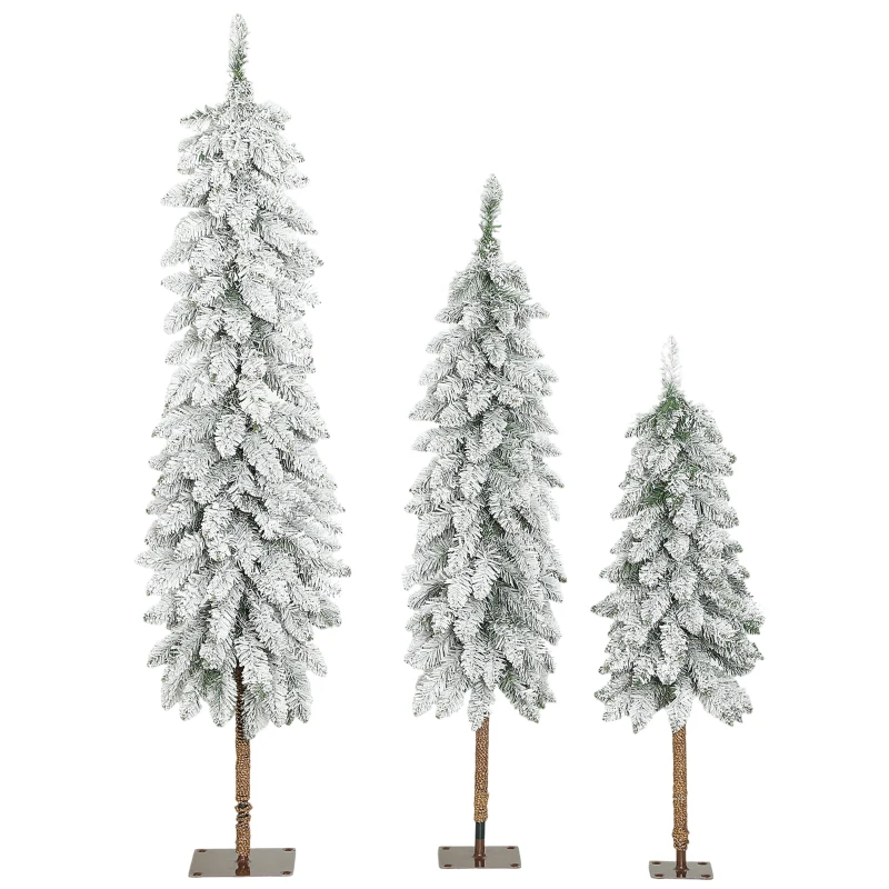 HOMCOM 3er-Set schneebedeckte künstliche Tannenbäume, 3 Größen, Metallständer, flammenhemmend, Kunststoff, Grün+Weiß