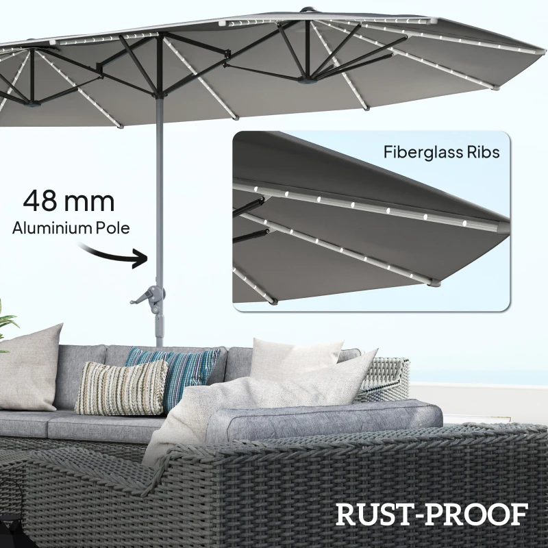 Outsunny Dubbele Parasol met Zonne-energie Verlichting, Aluminium, Polyester, UPF50+ Bescherming, UV-bestendig, Terras Parasol, Donkergrijs(m-6)
